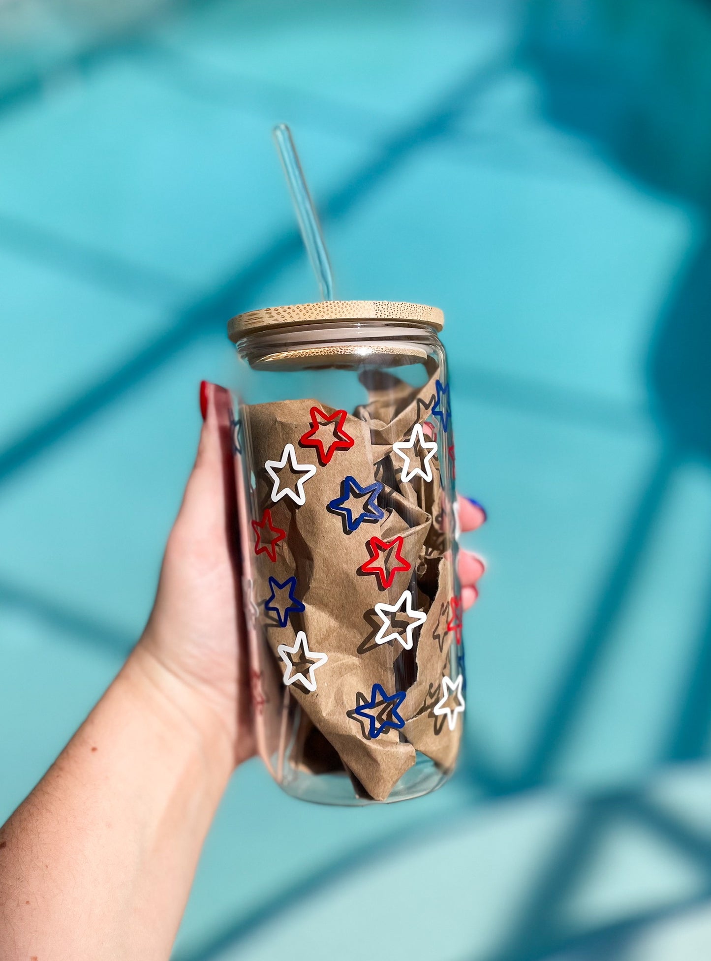Patriotic Star Iced Coffee Glass Cup with Lid & Straw